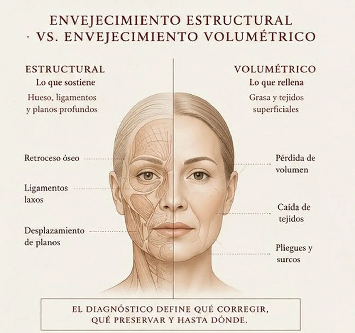 Envejecimiento estructural vs. volumétrico — el diagnóstico define qué corregir, qué preservar y hasta dónde